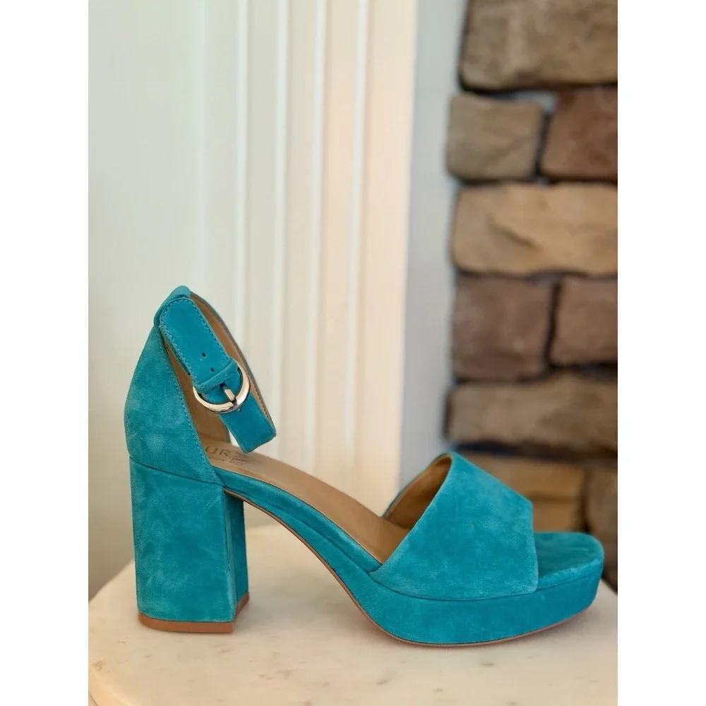 Naturalizer Pearlyn Women's 9.5M Teal Suede Leather Platform Block Heel Sandals - Picture 2 of 7